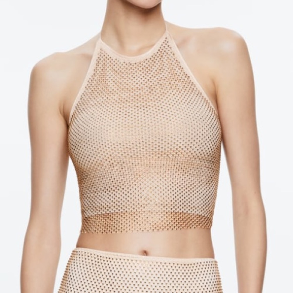 Alice + Olivia Jaymee Embellished Tie Neck Halter Crop Top - size 4 Almond/Gold